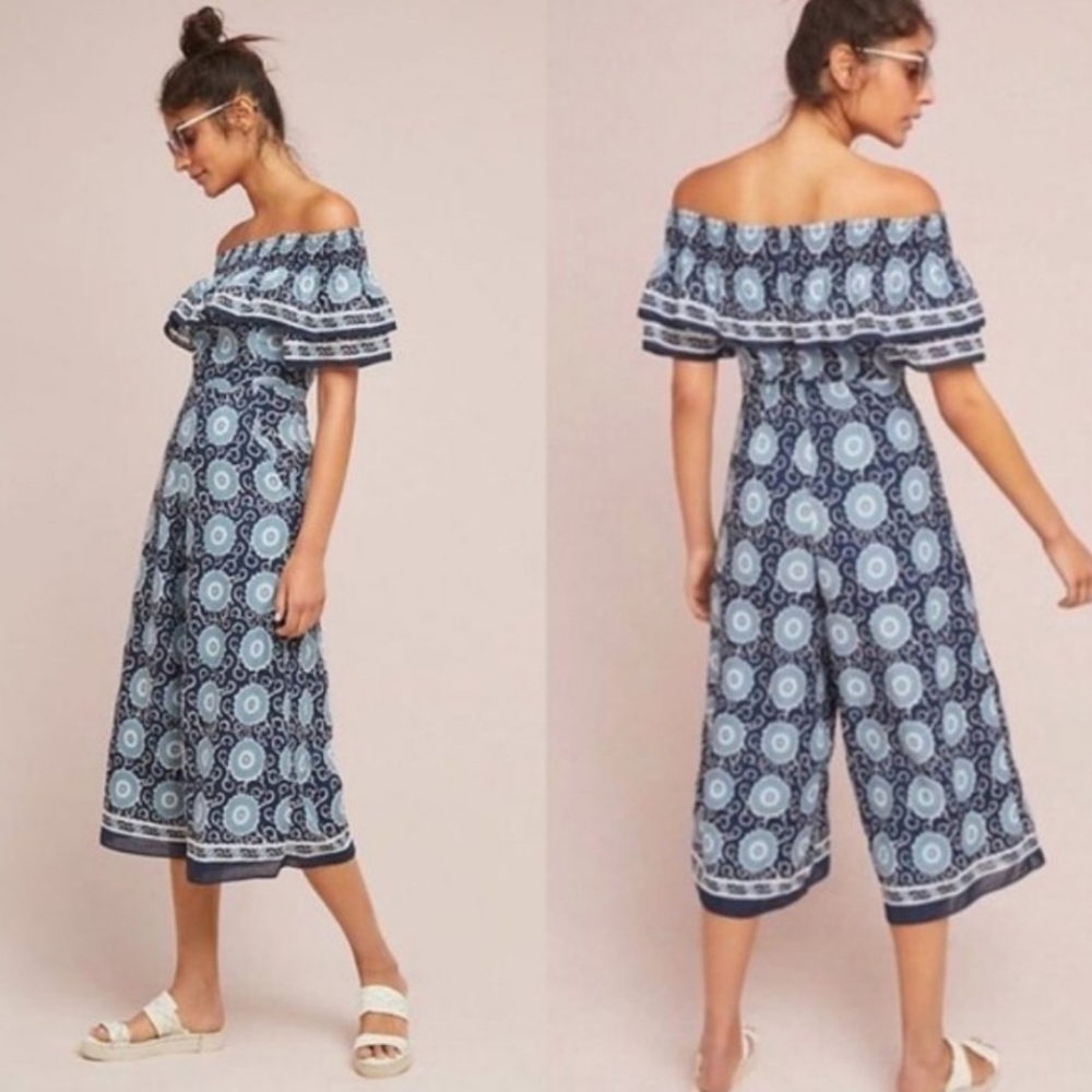 Anthropologie NWT Sz M MSRP $228 Blue White Kopal Tribal One piece Ruffle off sh